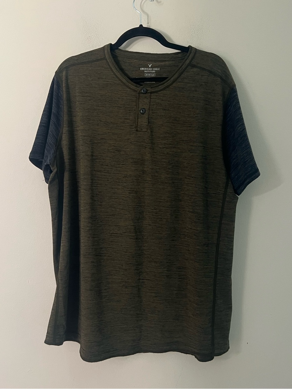 American Eagle Outfitters Olive Henley Tee with Navy Contrast Sleeves